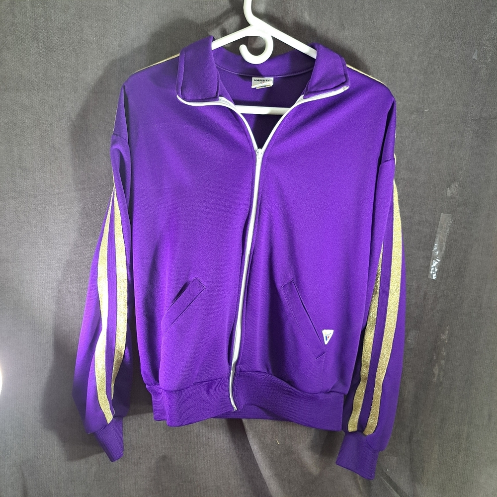 Vintage Varsity Spirit Fashion Purple & Metallic Gold Stripes Zip Jacket VG- M